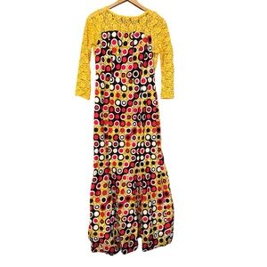 Vintage Geometric Circle & Lace Maxi Dress